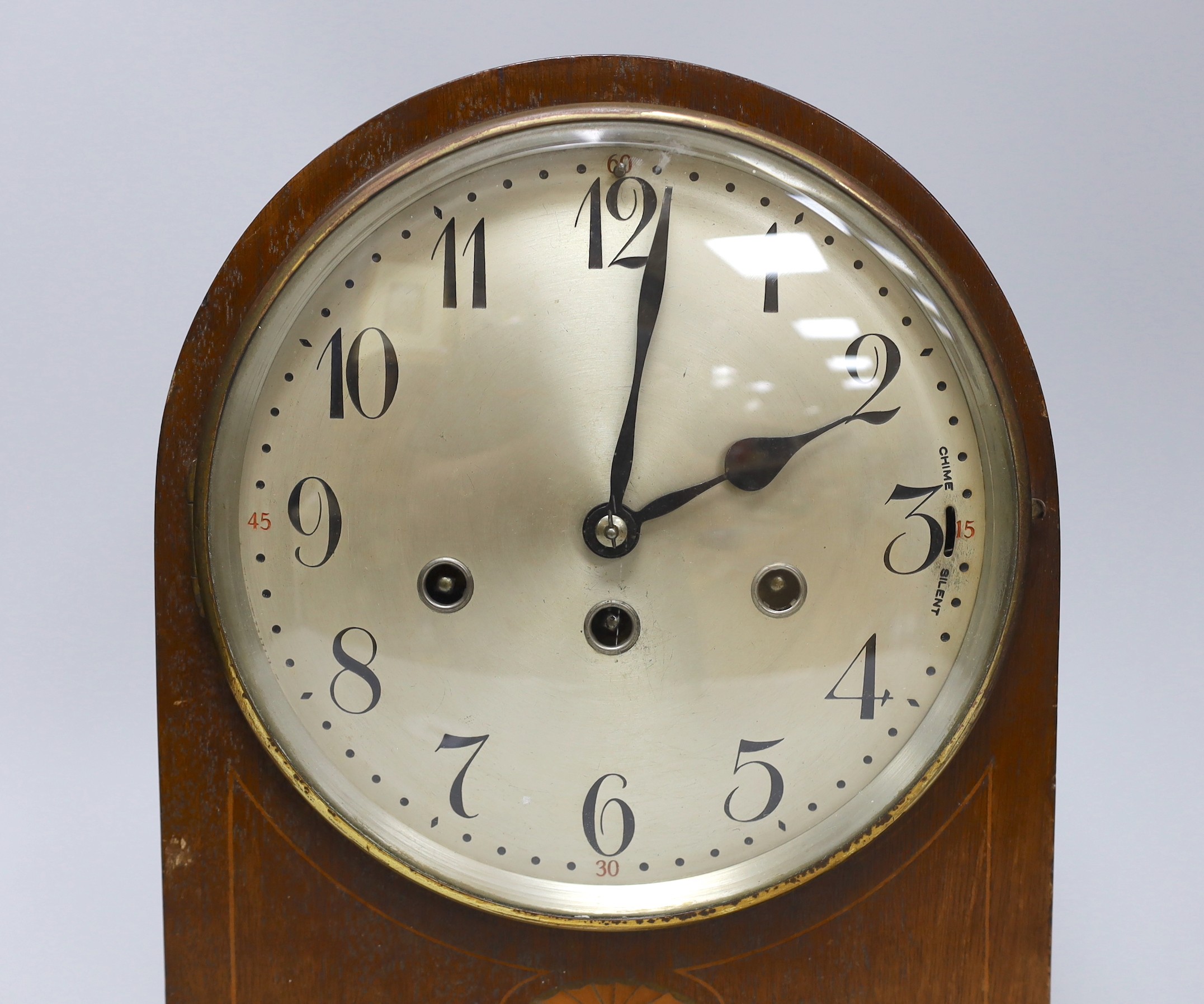 A shell inlay Westminster chiming mantel clock, 33cms high